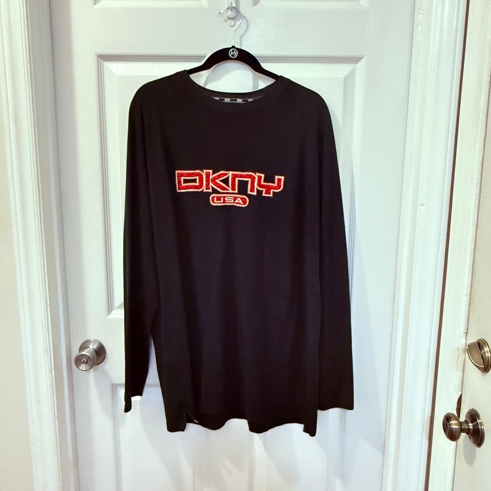 DKNY‎ USA Large Mens Vintage Streetwear Black Long Sleeve Embroidered Logo Shirt